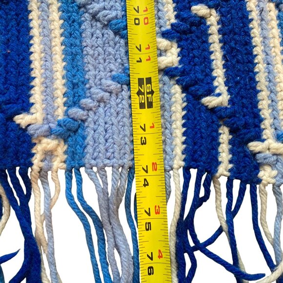 Handmade Blue & White Geometric Crochet Blanket With Fringes 43x74" Grannycore - Picture 8 of 10